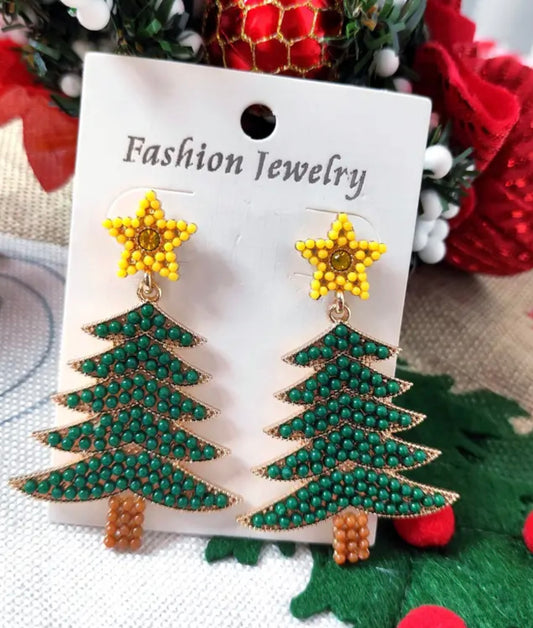 Beaded Christmas Tree Earrings - green
