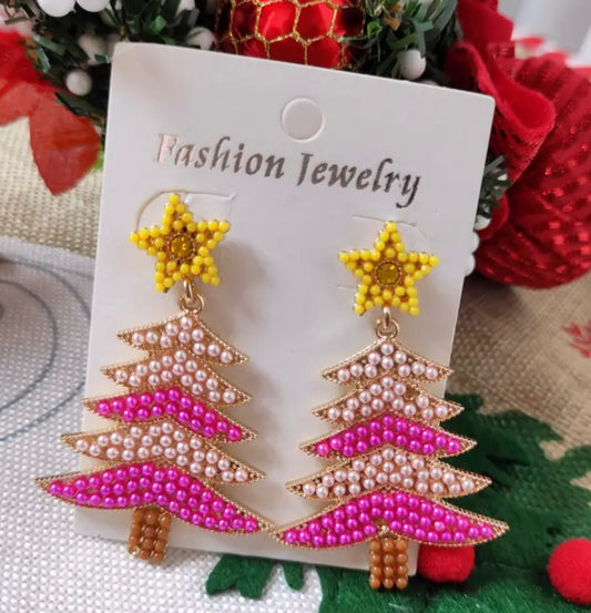 Beaded Christmas Tree Earrings - pink