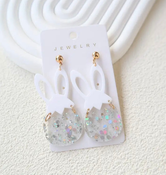 White Glitter Egg Bunny Earrings