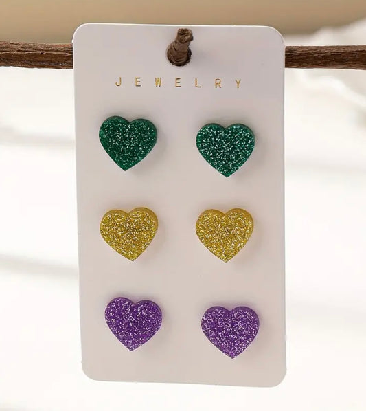 Mardi Gras Heart Earrings 3pk